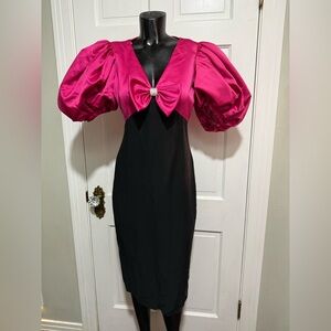 Vintage Womens Pink Black Puffy Sleeve Dress Size 4 Bow 1990s 1980s
